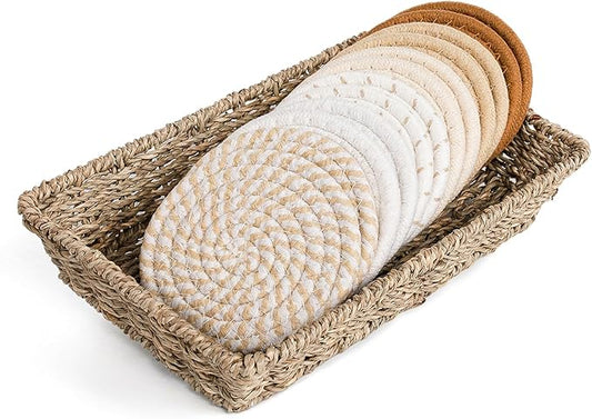 12 Pcs Handmade Woven Coasters for Drinks, Absorbent and Insulating Cotton Coasters with Seagrass Basket Holder set, Boho Perfect for Coffee Table and Home Decor