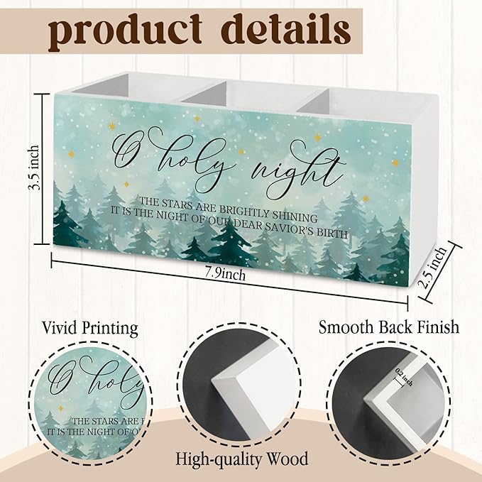 O Holy Night Christian Christmas Pen Pencil Holder Organizer for Desk Accessories, Nativity Christmas Rustic Winter Tree Holiday Wooden Box Sign Desk Decor for Home Office Decoration