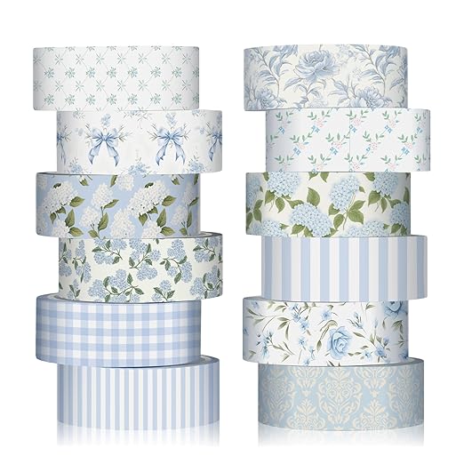 12 Rolls Watercolor Floral Washi Tape Set 15 mm Vintage Flower Decorative Masking Tape for Arts DIY Craft Scrapbook Envelope Party Supplies Gift Wrapping (Dusty Blue,Rose and Hyacinth)