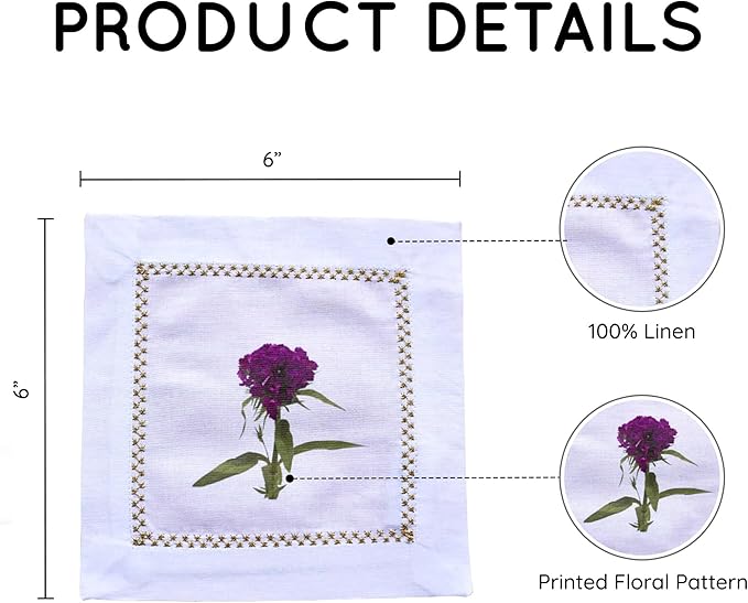 Cocktail Napkins Set of 6, 6x6 inch, 100% Pure Cotton, Printed Floral Design, Reusable & Washable Napkin Coasters for Beverages, Parties, Weddings & Everyday Use (Tulip & Dandelion)