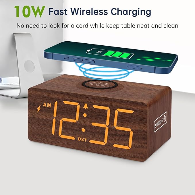 DreamSky Wooden Digital Alarm Clock with Wireless Charging for Bedroom, Bedside Nightstand Clock with Charger Station, USB Port, Large Numbers, Adjustable Volume, Brightness Dimmer, DST