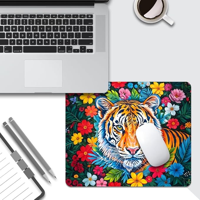 Tiger and Flower Texture Mouse pad, Square Waterproof and Anti Slip Mouse pad for Office laptops