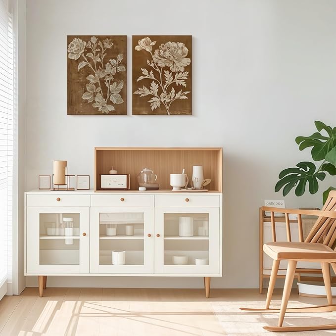 2 Pcs Framed Vintage Botanical Floral Wall Art Brown Flowers Wall Decor Antique Plant Pictures Nature Boho Wildflower Poster Print for Living Room Bedroom 16x24 inch Ready to Hang