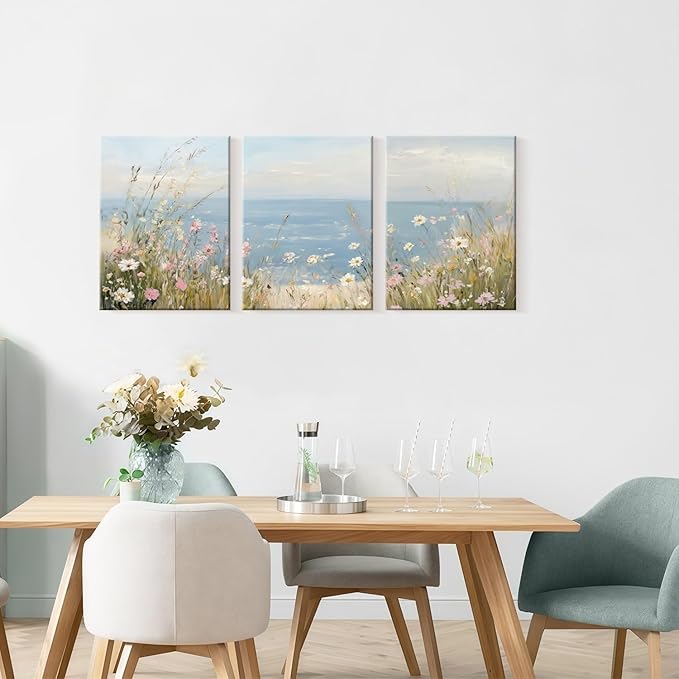 3 Pcs Framed Coastal Wildflower Wall Art Beach Floral Canvas Wall Decor Vintage Coastal Landscape Pictures Ocean Flower Poster Summer Floral Prints Seascape Painting for Living Room Bedroom 12x16 inch Ready to Hang