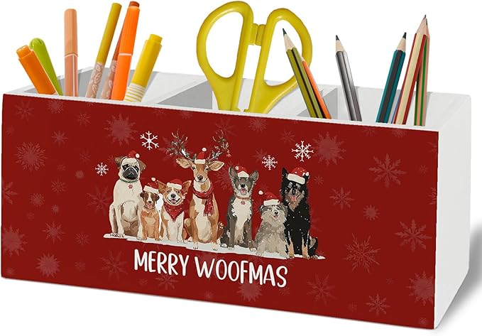 Dog Christmas Pen Pencil Holder Organizer for Desk Accessories, Merry Woofmas Christmas Wooden Box Sign Desk Decor for Home Office Decoration, Dog Mom Dad Lovers Gifts for Women Men