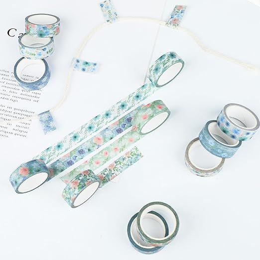 12 Rolls Floral Washi Tape, Blue Rose Flower Masking Tape, Vintage Blue Pink Floral Decorative Tapes for DIY Craft Scrapbook Journals Envelope Thanksgiving Christmas Party Decor Gift Wrapping 16.4FT