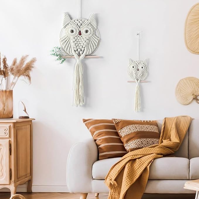 MVSUTA Owl Ivory Cotton Handmade Macrame Wall Hanging Tapestry Home Decor Art and Beige Craft Wonderful Decoration Woven Boho Ornament for Office Bedroom Apartment Living Cream Nursery Gallery,2pcs