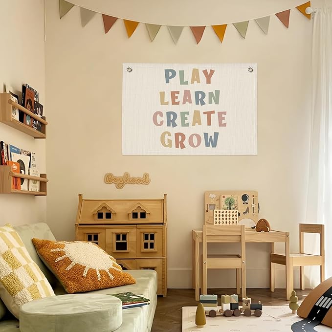 Playroom Wall Decor, Play Learn Create Grow Boho Canvas Banner Wall Hanging Flag Decor for Nursery Classroom Kids Room