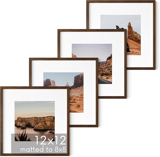 HAUS AND HUES Walnut Oak Wood 12x12 Picture Frames - Set of 4, Square Frames with Mat, Modern Frames for Posters and Art Prints (12x12 in, Walnut, Set of 4)