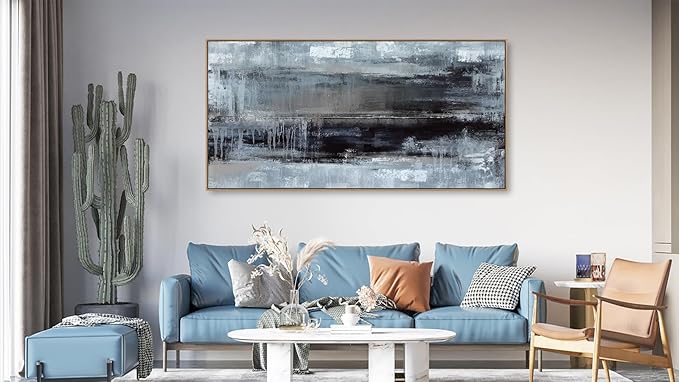 arteWOODS Abstract Framed Wall Art - Deep Blue Black Canvas Pictures Wall Decor Rustic Minimalist Vintage Painting Artwork Elegant Stylish Prints for Living Room Bedroom 58 x 29in Natural Wood Frame