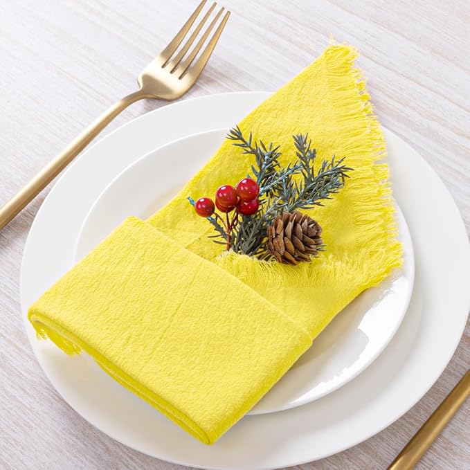 12 Pack Lemon Yellow Cotton Linen Napkins with Fringe Spring Cloth Napkins Set of 12 Boho Handmade Dinner Napkins Bulk for Wedding Bridal Baby Shower Valentine's Day, 17 x 17 Inches