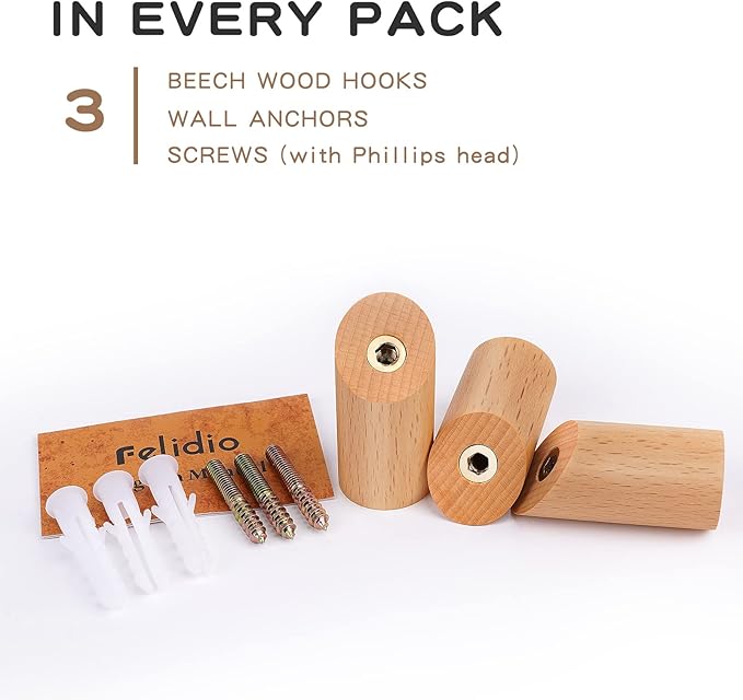 Wood Wall Hooks, 3 Pack Rustic Coat Hook Wall-Mounted, Decorative Hooks for Hanging Coats Hats Towels Robes Hat Rack for Wall (Beech Wood)