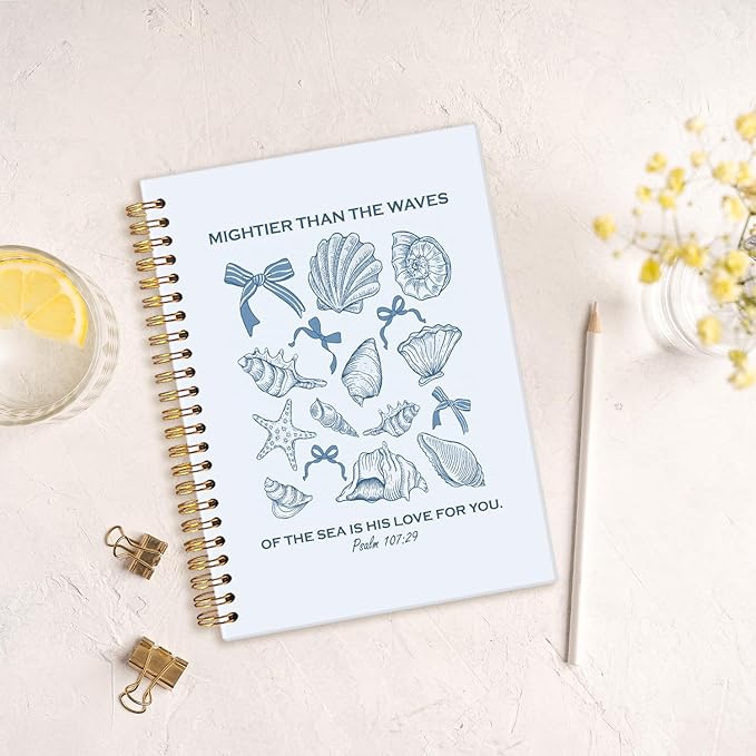 MOFUYU Bible Journal for Women,Blue Coquette Notebook for Girls, Aesthetic Stationery Gift, Cute Beach Seashell,Christian Spiral Notepad A5,Ocean Vibes Writing Journal for Teens Women 5.5x8.3 Inch