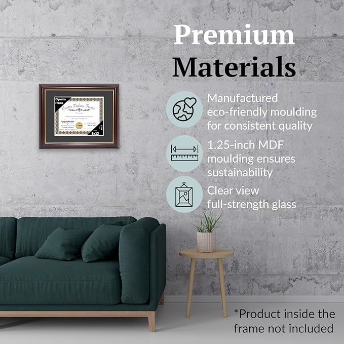 Creative Picture Frames 9x12 Mahogany Gold Rim Diploma Frame with Black Mat Glass Easel and Installed Wall Hangers | Frame Holds 11x14 Media without Mat