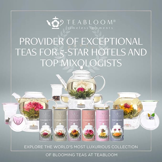 Teabloom Complete Glass Tea Set – Teapot (40 oz), Loose Tea Infuser, 4 Insulated Teacups, Tea Warmer with Candlelight, and 12 Flowering Teas – Elegant Blooming Tea Gift Set