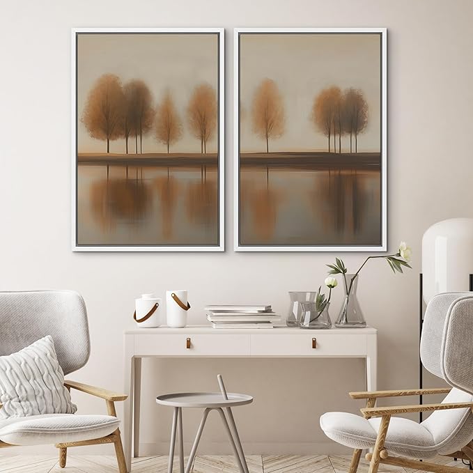 SIGNWIN Framed Canvas Print Wall Art Set Autumn Trees by The Lake Warm Brown Landscape Illustrations Modern Art Scenic Colorful for Living Room, Bedroom, Office - 16"x24"x2 White