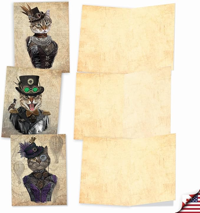 The Best Card Company - 10 Adorable Blank Cat Cards (4 x 5.12 Inch) - Cute Pet Kittens, Assorted Bulk Notecard Set - Steampunk Cats M6554OCB