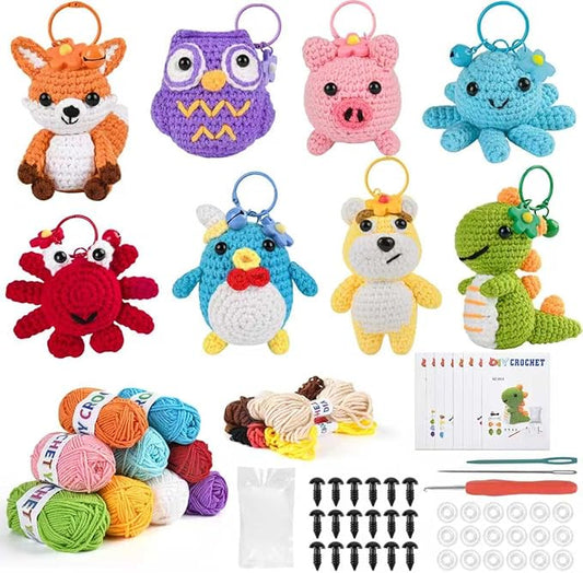 Yayvokuv 8Pcs Crochet Kit for Beginners, 2026 Gift for Crochet Lovers, DIY Craft for Adults and Kids, Crocheting Animal Kits with Step by Step Videos, Yarn, Crochet Hook, Birthday Holiday Gift (Blue)