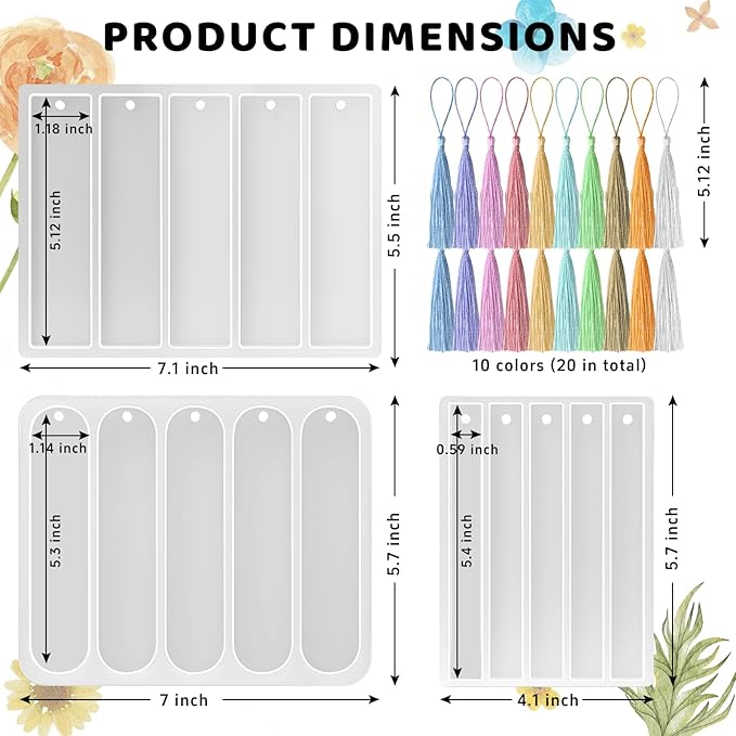 Set of 3 Bookmarks Silicone Mold, Small Medium Rectangle Bookmark Resin Mold Kit with 20 Pcs Tassels for DIY Epoxy Resin Casting Crafts Making Supplies