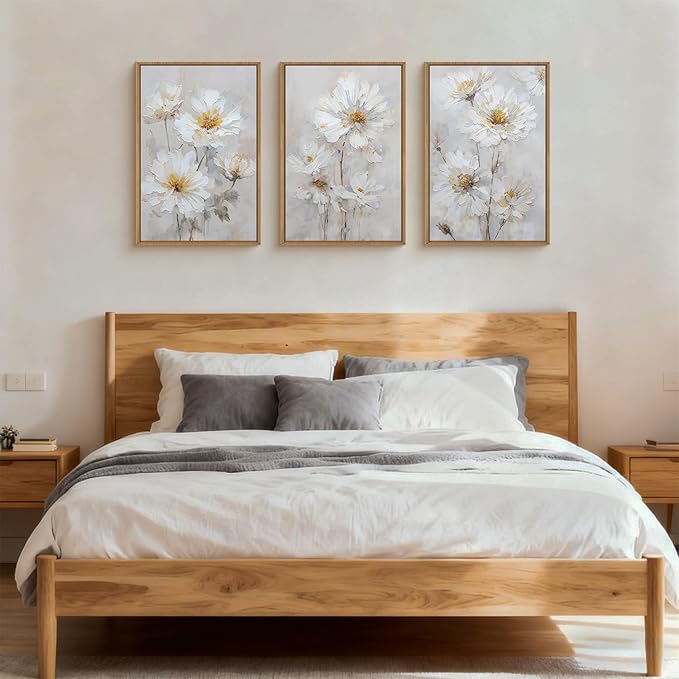 Watercolor White Daisy Flower Framed Canvas Wall Art Set,Natural Beige Botanical Floral Wall Decor,Minimalist Modern Dreamy Wildflower Art Prints for Living Room, Bedroom,Farmhouse- 24"x36"x3