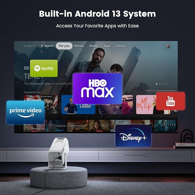 Mini 4K Projector with Wifi and Bluetooth, 1080P Full HD Smart Outdoor Portable Movie Small Projector with 270°Rotatable Stand, Android 13 OS, Auto Keystone, Support Big Screen for Home Bedroom