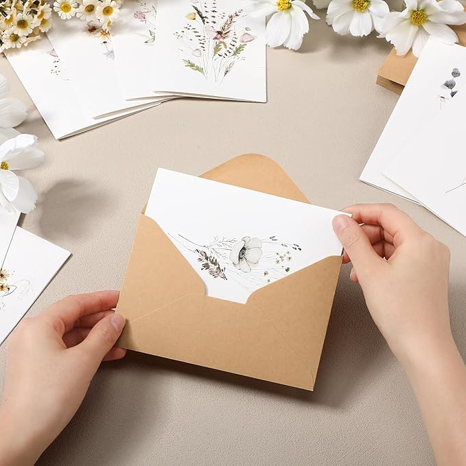 50 Pcs Blank Greeting Cards 4x6, Elegant Floral Design Blank Cards with Envelopes, 10 Designs, Ideal Stationary Set for All Occasions, Stationary with Matching White Envelopes and Stickers