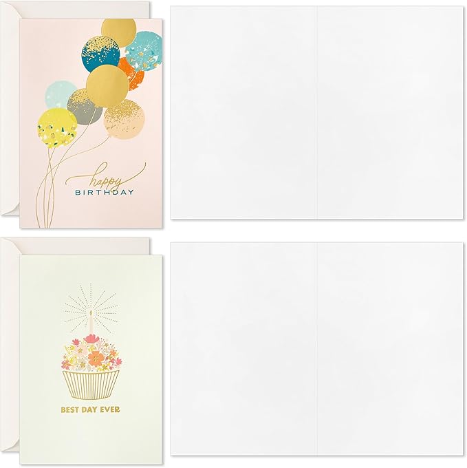 Hallmark Modern Elegance Birthday Note Card Assortment (24 Blank Cards with Envelopes) Teal, Pink, Gold Balloons, Cupcake, Confetti