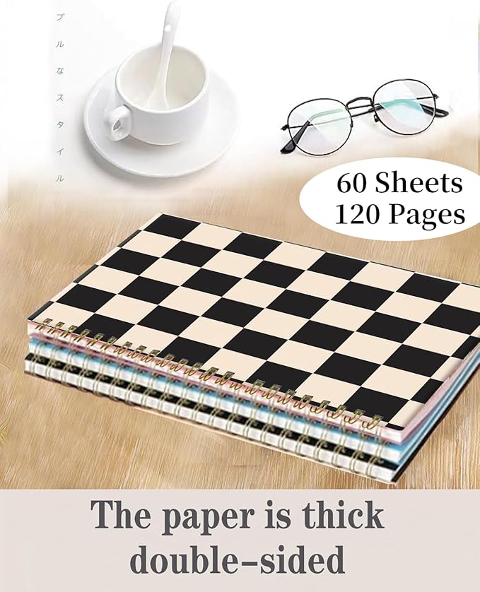 Spiral Journal Notebook,A5 Hardcover Lined Journals for Women 6 x 8.3 in,60 Sheets 120 Pages Thick Paper,Cute College Ruled Writing Notebook for Office Work School(Black Beige Plaid)