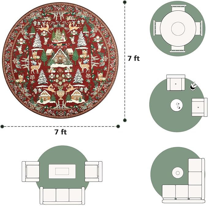jinchan Round Christmas Rug for Dining Room 7ft Maroon Circle Holiday for Living Room Printed Christmas Tree and Cabin Rug 7' Soft Indoor Carpet for Bedroom Washable Non-Slip Winter Xmas Decor