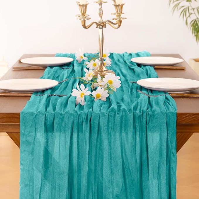 Socomi 6pcs Teal Blue Cheesecloth Table Runner Boho Rustic Gauze 120 inch 10FT Cheese Cloth Runner for Wedding Party Baby Shower Birthday Home Decor