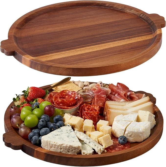 Charcuterie Board | Acacia Wood Serving Tray with Handles 13'' | Round Decorative Ottoman Coffee Table Tray | Large Wooden Cheese Board Serving Platter for Party Supplies