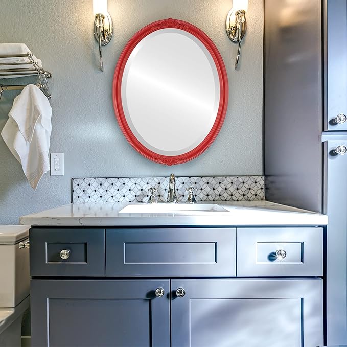 OVALCREST Oval Beveled Wall Mirror for Home Decor - Contessa Style - Holiday Red - 22" x 18"
