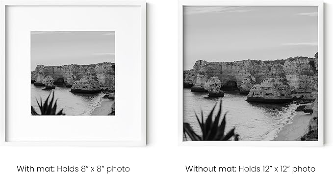 HAUS AND HUES 12x12 White Metal Picture Frames Matted to 8x8 - Features Premium Aluminum & Hanging Hardware, Shatterproof Plexiglass - Ideal for Home, Room, Office (12x12 in, White, Set of 4)
