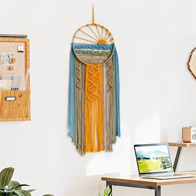 LB Macrame Wall Hanging Boho Macrame Wall Decor, Sunset Wall Art Dream Catcher Hand Woven Wall Art Boho Colorful Sun Tapestry for Bedroom Living Room Nursery Office Backdrop, 10x33 Inch