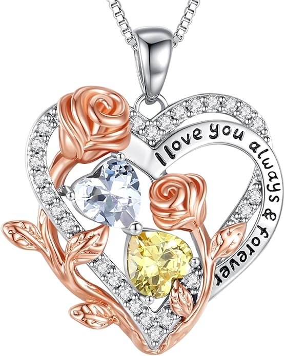 I Love You Birthstone Necklace, 925 Sterling Silver Heart Pendant with CZ Diamond Stones, Birthday Gifts for Women, Romantic Gift for Wife, Girlfriend, Her, Anniversary, Valentine's Day, Christmas
