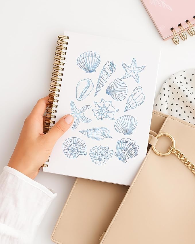 Blue Beach Notebook, Coastal Ocean Journal, Beachy Seashell Starfish Conch Journal for Writing, Beach Lover Gifts for Women, Marine Biology Spiral Notebook, 5.5x8.3 Inch 556