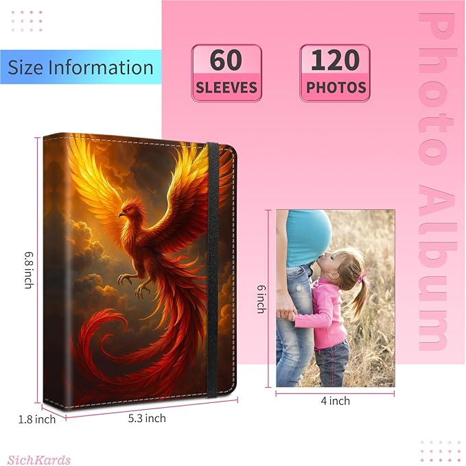 Photo Album 4x6-120 Photos Capacity,PU Leather Cover with Elastic Band,High Definition Waterproof PP Pages for Family Wedding Anniversary Baby Record,Phoenix Flame Bird