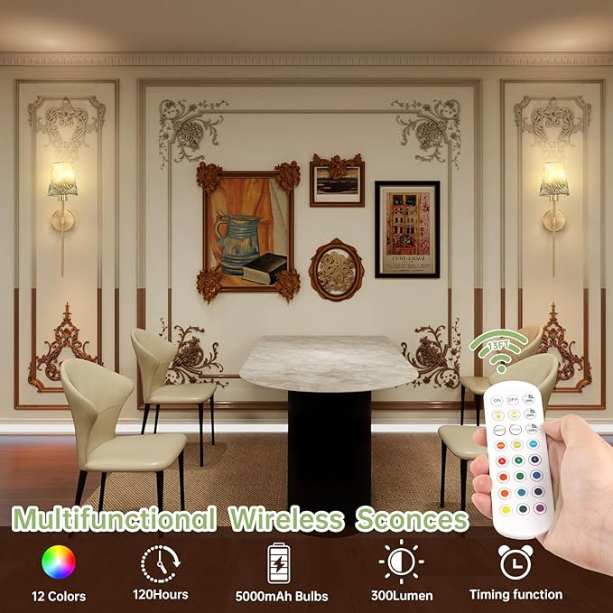 Battery Operated Wall Sconces Set of 2, Flower Pattern Shade 5000 mAh Rechargeable Bulb with 12 RGB Colors Dimmable Wall Sconce for Living Room Bedroom