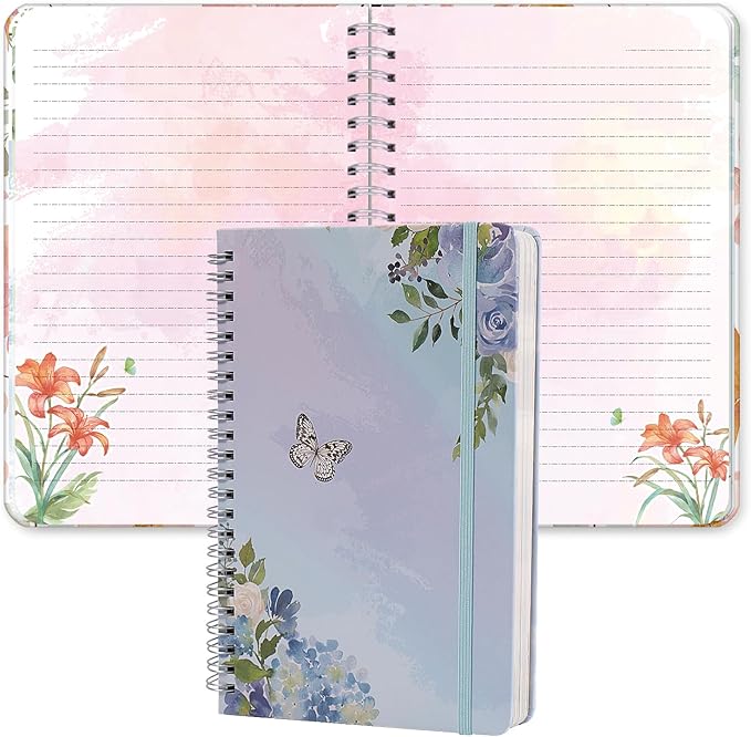 SIIXU Floral Spiral Notebook, A5 College Ruled Journal for Women with 160 Colorful Pages for Poetry, Work Notes & Daily Writing, Blue, Hardcover