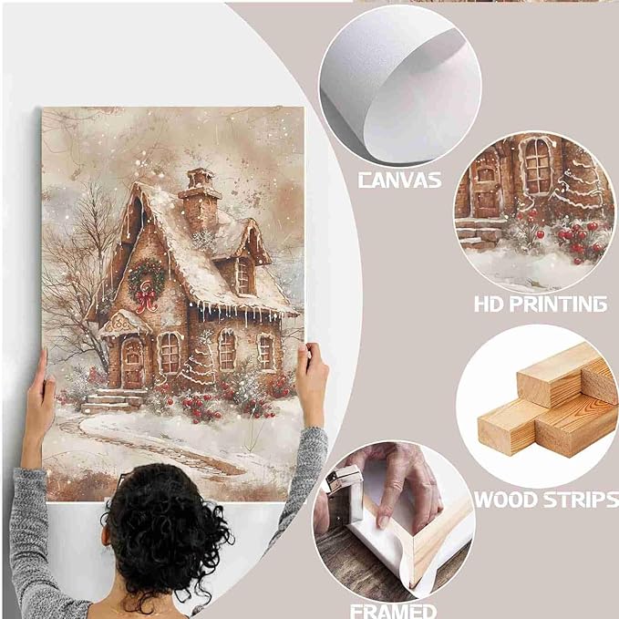 Framed Canvas Wall Art Home decor Winter Gingerbread House Traditional Christmas Print Festive Artwork Wall Decor canvas print poster 12x18in Wood Framed