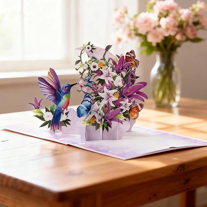 Greeting Card Hummingbird with Lilies and Butterflies 3D Pop-Up Cards Handmade Birthday Flower Gift for Women, Mom, Wife, Men 6x8 Inches Aniversary Wedding Christmas Gifts