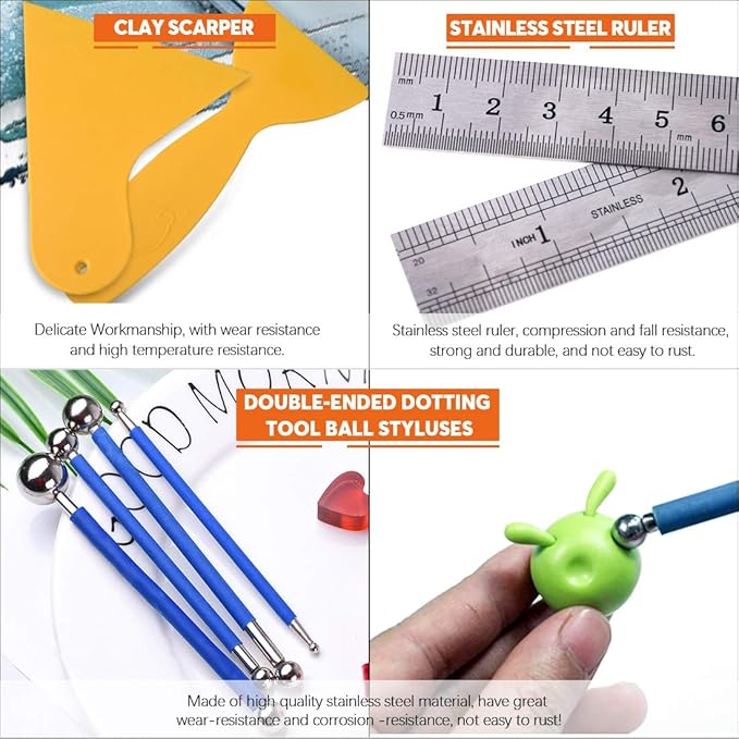 Rustark 30 pcs Polymer Clay Tools with Dotting Pens, Ball Stylus Tool, Ceramic Clay Carving, Rubber Tip Pen, Pottery Sculpting Tool and Supplies for Beginners and Professional Art Crafts