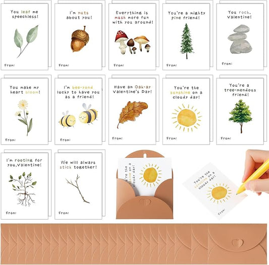 Tinlade 24 Pack Cute Valentines Mini Nature Pun Cards 6 x 8.5 cm with Envelopes for Kids Classroom Exchange Gifts Motivational Funny Woodland Tree Puns Cards 12 Styles Valentines Love Card for Student