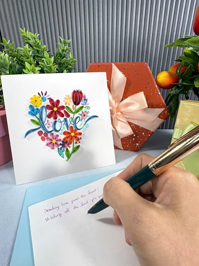 Handmade Quilling Greeting Card Love in Heart Floral Design Romantic Gift for Her Birthday Anniversary Valentine Special Occasion