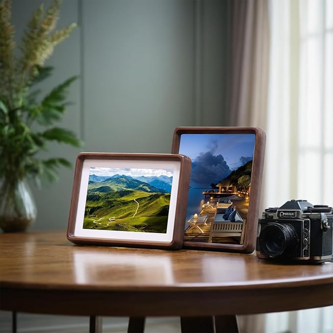 HELPLEX 6x8 Premium Picture Frame Set of 2 - Solid Walnut Wood with HD Tempered Glass, Convertible 5x7 Matted or 6x8 Frameless Display, Wall or Tabletop Frame - Home Gallery, Memories Made Easy
