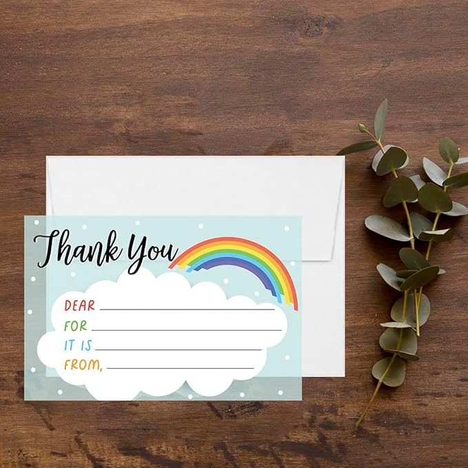 Andaz Press Kids Fill in the Blank Thank You Cards 20 Cards Including Envelopes Rainbows and Clouds Gender Neutral Note Cards For Boys Girls Birthday Thank You Notes for Friends Family Party Guests