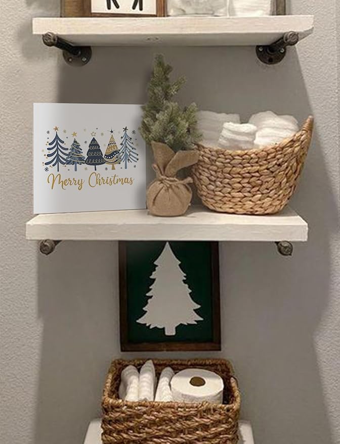 Blue and Gold Christmas Tree Wooden Box Sign, Merry Christmas Decorations, Xmas Holiday Winter Wood Signs for Home Office Desk Shelf Tabletop Decor, 5x5 Inch Decorative Signage