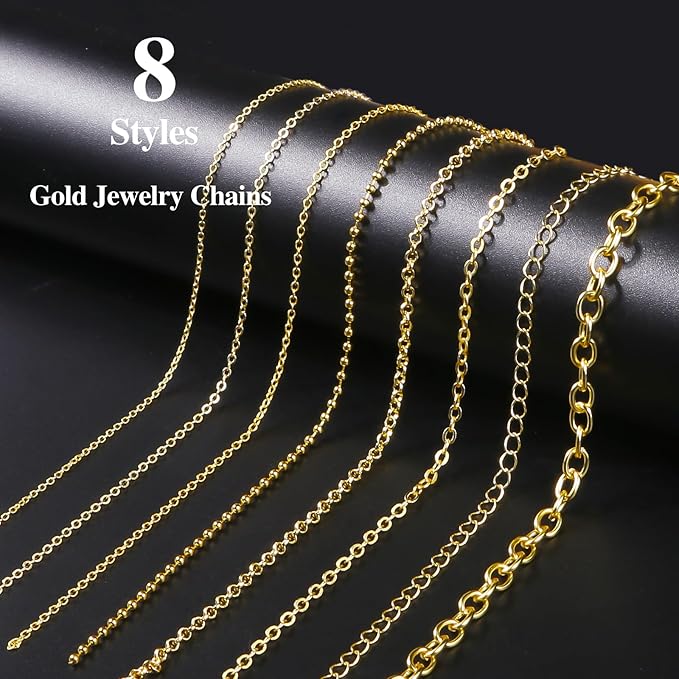 Ecoofor Gold Necklace Chains for Jewelry Making, 62.3 Feet 8 Rolls Jewelry Chains for DIY Necklace Bracelet Jewelry Making with Jump Rings/Lobster Clasps/Connectors