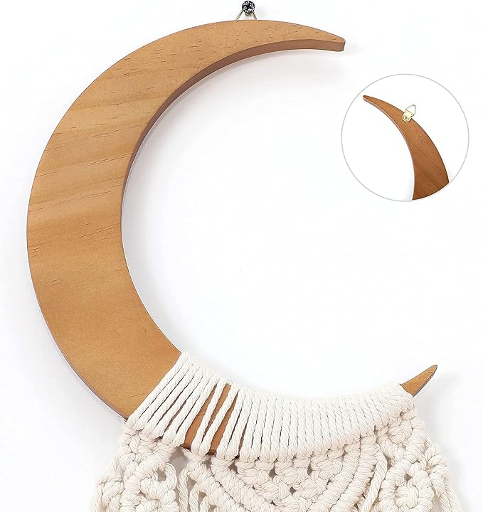 ANROYE Macrame Wall Hanging Boho Moon Decor, Bohemian Crescent Wooden Ornament with Long Tassel, Handmade Unique Wood Tapestry Home Decoration Wall Art Gift for Dorm Bedroom Nursery Living Room