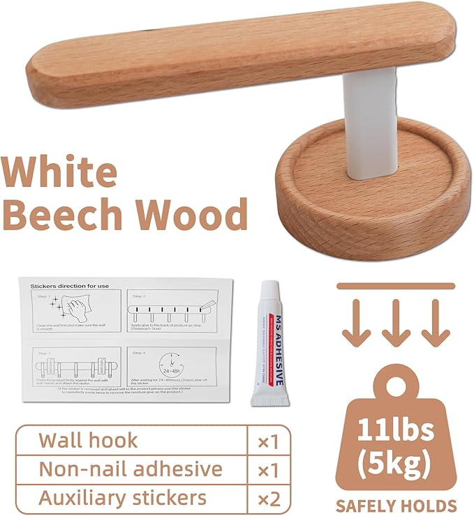 Wood Wall Hooks Adhesive Hooks Hair Hoop Holders Extended Natural Wooden Hooks for Hanging Hair Rings, Headbands, Scarves, Towels, Coat, Keys, Bags in Bathroom and Bedrooms (White Beech Wood)